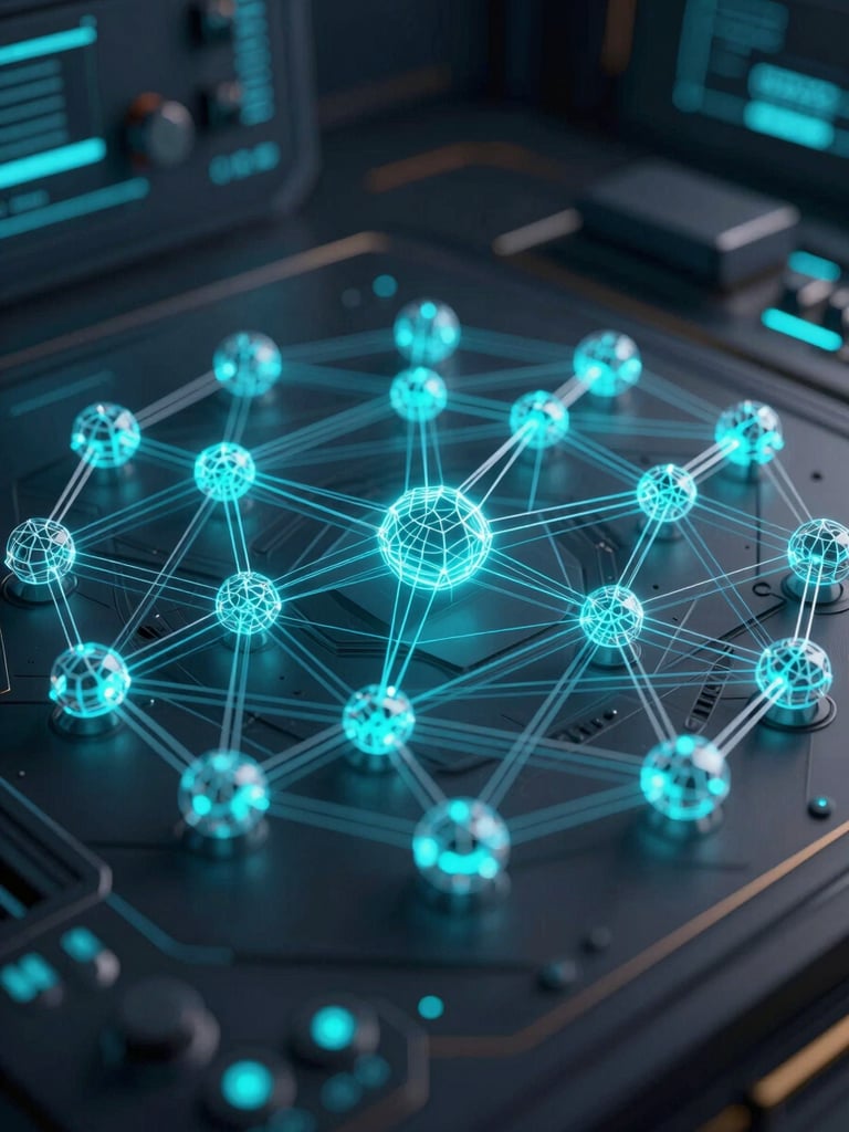 A high-fidelity 3D wireframe of network nodes connected by precise vector lines, glowing electric cyan accents, dark terminal interface style.