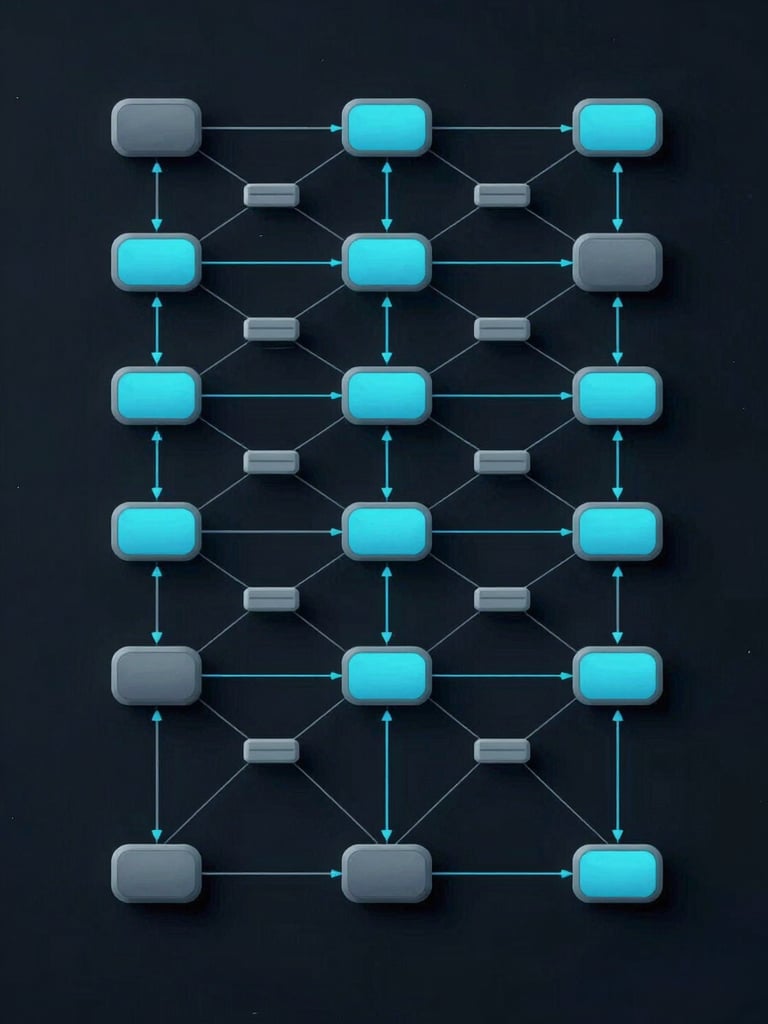A precise vector schematic of a decentralized network architecture, showing node connections and data packets flowing between layers, styled in electric cyan and muted slate gray on a deep obsidian background.