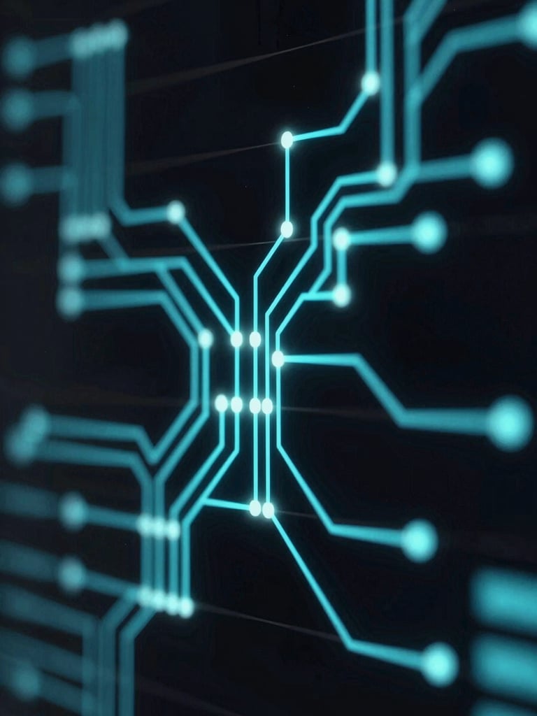 Macro close-up of a complex digital network schematic with sharp electric cyan lines and glowing nodes on a deep black background, terminal style.