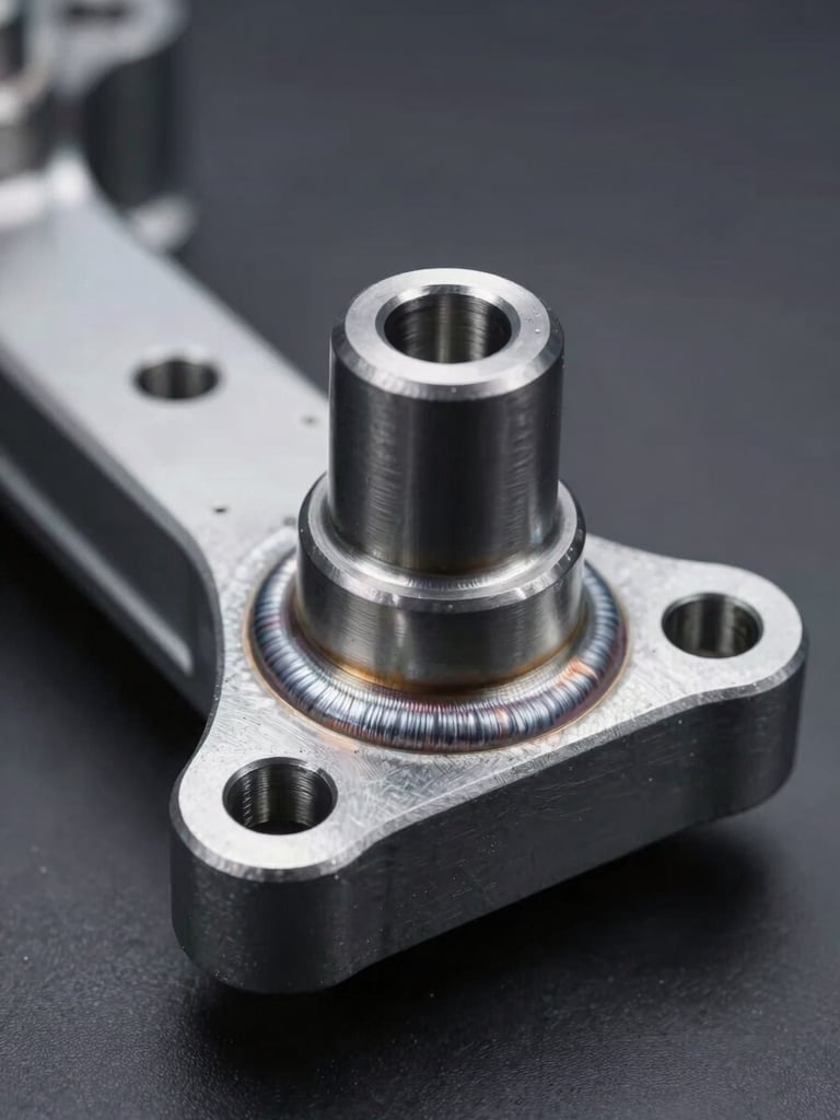 Close-up macro of a finished EV chassis joint under studio strobe lighting, surface finish and weld tolerance clearly visible, steel component isolated on a dark neutral surface, framed from slightly above to reveal the precision of the mating faces, no reflections obscuring detail