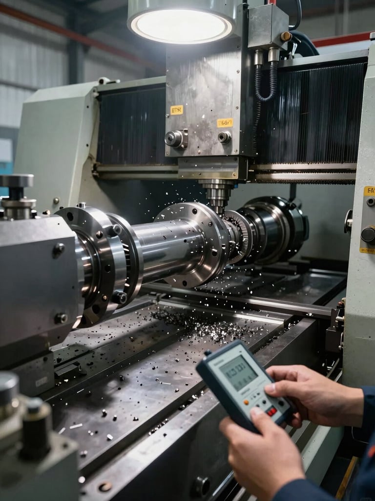 Half-width environmental shot of a CNC turning centre in full operation, metal chips visible mid-air around a rotating workpiece, operator hands adjusting a measuring instrument in the foreground, harsh overhead industrial lighting casting defined shadows across the machine bed, wide framing showing the full machining envelope