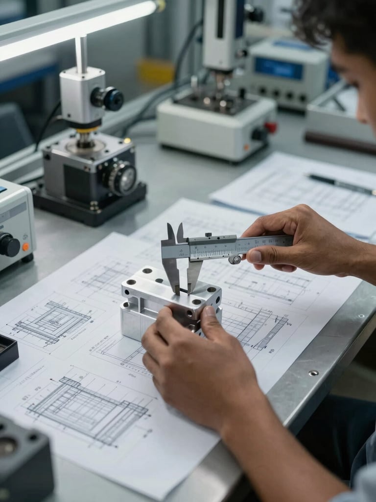 Wide environmental shot of a Chennai R&D workbench, overhead facility lighting, precision measurement instruments and technical drawings spread across a steel surface, a pair of hands positioning a caliper against a machined aluminium component in the centre frame, sharp depth of field revealing surface finish and tolerance markings, no people's faces, industrial setting with controlled order
