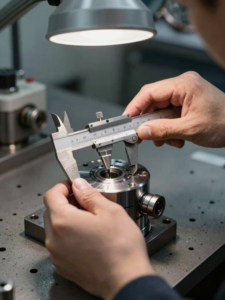 Hands performing a close-tolerance measurement inspection on a machined metal component at a quality control station, precision calipers in use, industrial workbench surface visible, overhead facility lighting with a secondary lamp focused on the measurement point, framed tightly to show the instrument contact and part surface finish, no faces visible