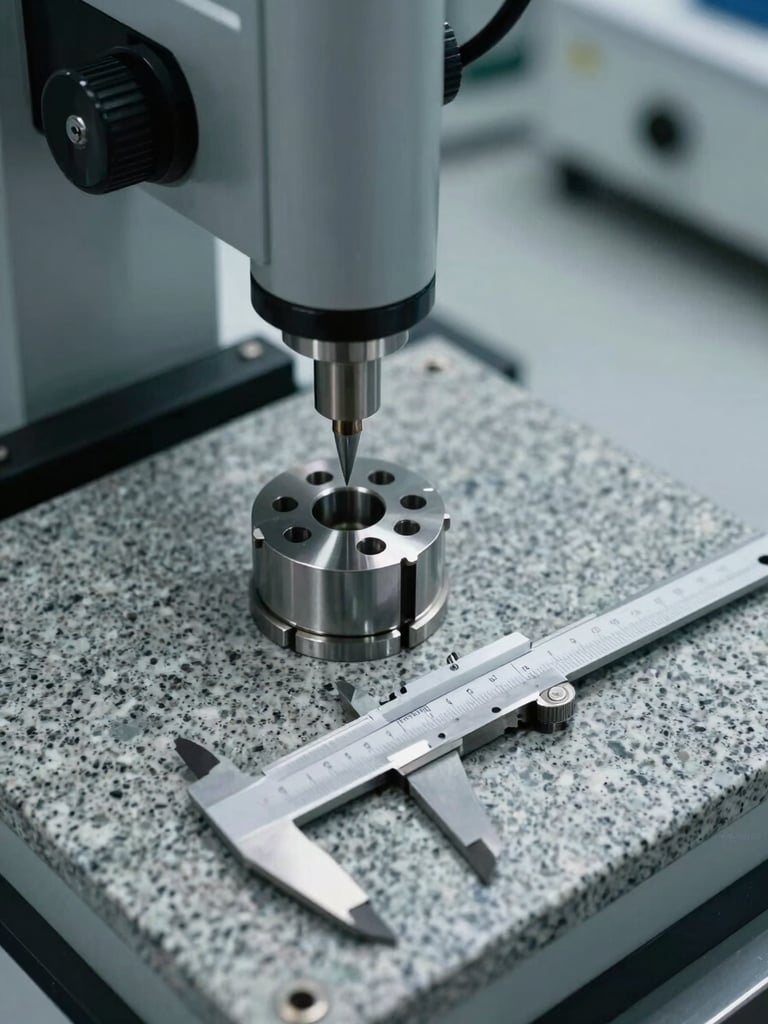 Overhead study of a quality control inspection station, a CMM probe tip positioned above a precision-machined component, Vernier calipers and gauge blocks arranged beside it on a granite surface plate, cool diffuse facility lighting, no people — tools only, emphasising measurement rigor