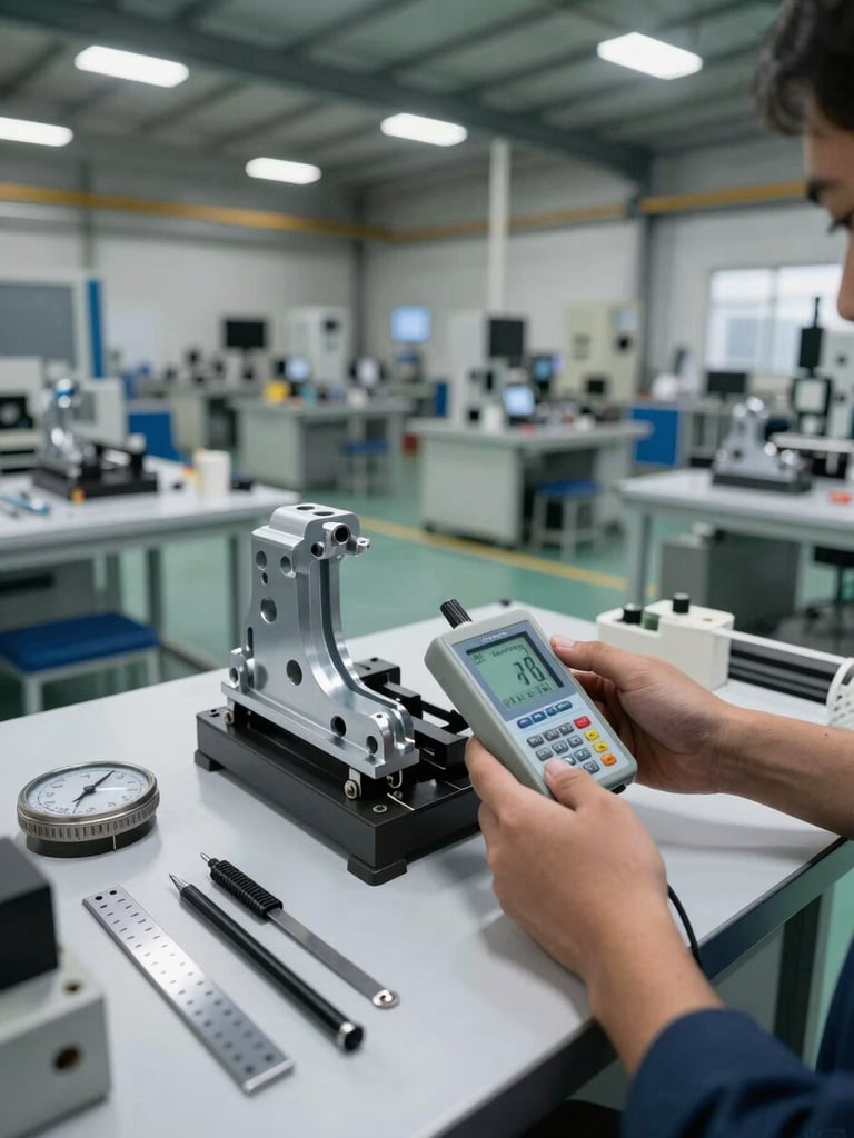 Wide panoramic manufacturing floor shot at Dharmapuri facility, industrial overhead lighting casting even illumination across a quality control station, hands holding a digital measurement gauge against a steel EV chassis bracket clamped in a fixture, inspection tools and reference gauges arranged in order on the bench beside it, no faces visible, emphasis on equipment precision and process order