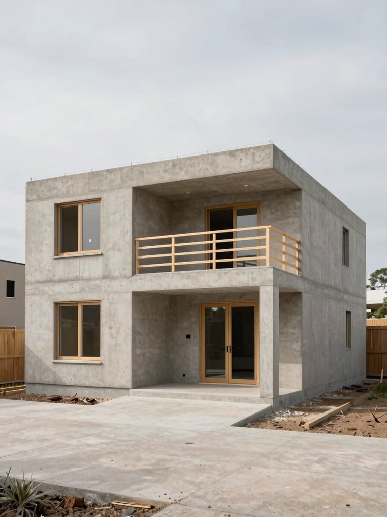 Wide environmental shot of a completed concrete and timber residential structure, exterior façade viewed from a slight angle, soft overcast north-facing daylight, no occupants, clean material finish visible across the full frame