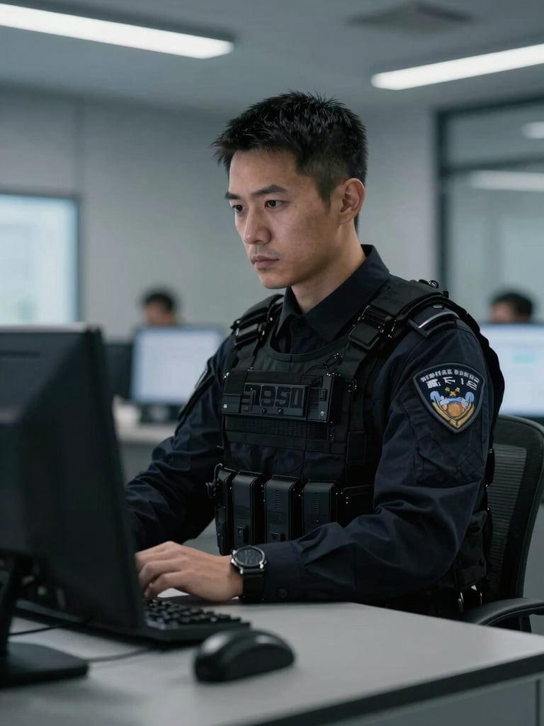 Professional security agent in corporate-tactical attire, focused expression, in a modern office command center, low-key dramatic side-lighting, desaturated slate and charcoal tones, sharp focus, 35mm lens.