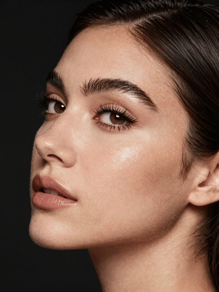 Extreme close-up of a female gaze, sophisticated natural makeup, warm golden-hour side light, dramatic chiaroscuro, luxury editorial style, 35mm film