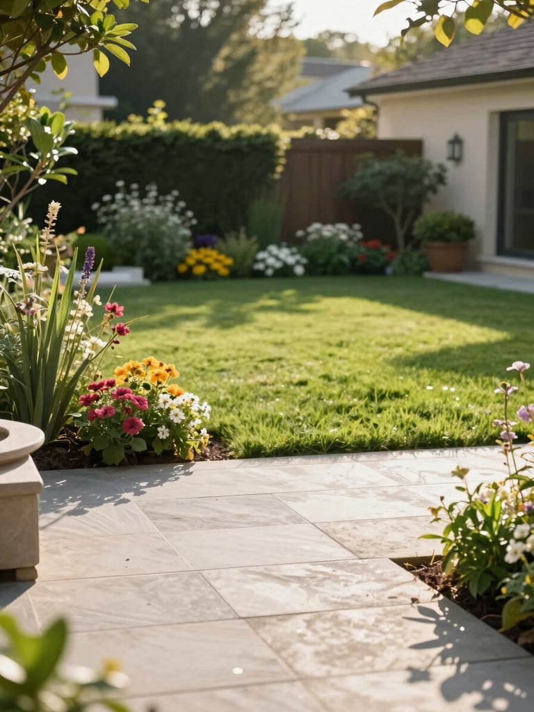 Bright, sun-drenched portrait of a beautifully landscaped residential garden, featuring a clean stone patio, lush green lawn, and vibrant flower beds in the soft morning light.