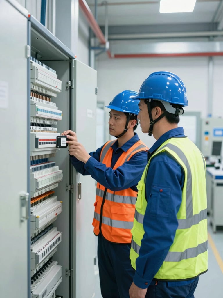 Medium shot of two focused technicians in high-visibility vests and hard hats analyzing electrical switchgear inside a bright, modern mechanical room, high-contrast industrial lighting.