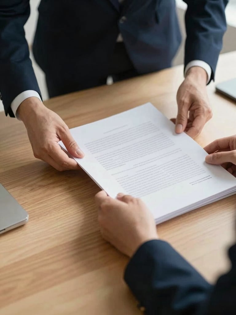 Editorial photography of professional hands organizing crisp documents on a clean wooden desk, soft natural daylight, deep navy and muted gold tones, 35mm
