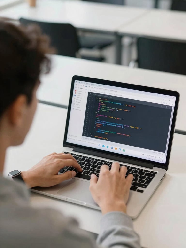 Over-the-shoulder view of a developer typing code on a laptop, a GitHub repository page with code files visible on the screen, clean tech classroom setting, modern editorial photography, bright natural daylight, professional and authentic mood, shallow depth of field, 35mm