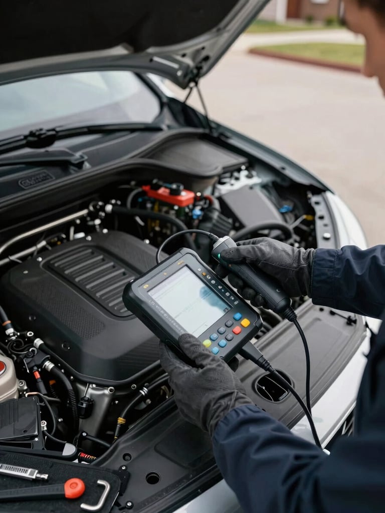 Close overhead shot of a technician's gloved hands holding a diagnostic scanner connected to an open engine bay, parked in a residential driveway under flat overcast daylight, tools visible on a mat beside the vehicle