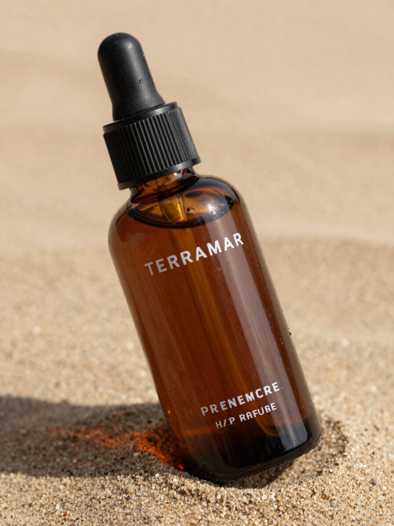 Close-up macro shot of Terramar premium hair oil bottle on a warm sand background with soft daylight shadows