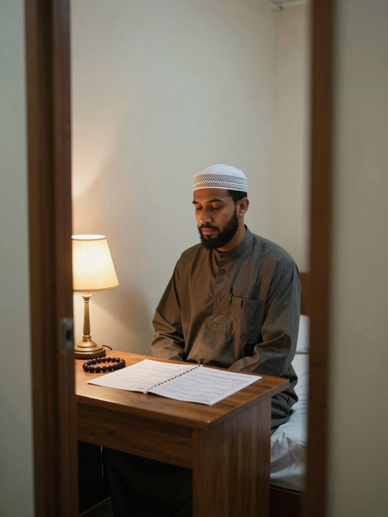 Pilgrim sitting quietly in a simple hotel room in Makkah, prayer beads resting on the table beside an open itinerary sheet, soft tungsten lamp warmth, medium shot from doorway angle, documentary framing