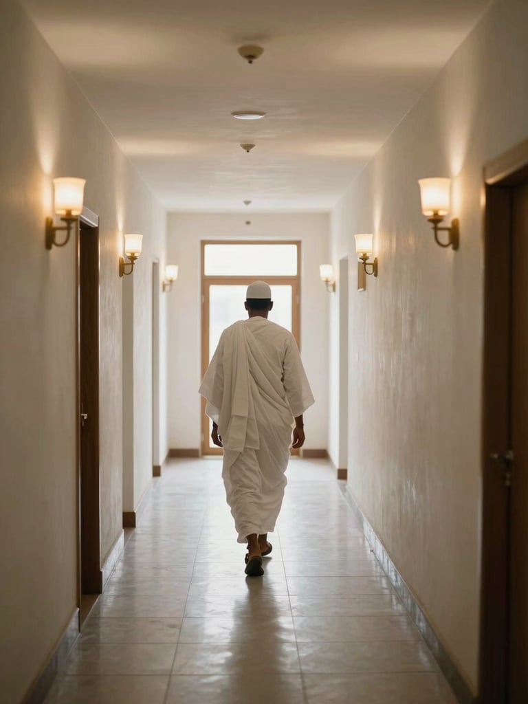 Wide interior corridor of a clean mid-range hotel near the Grand Mosque, a pilgrim in white ihram walking toward a bright window at the far end, soft morning diffused light, warm tungsten glow from wall sconces, shot from behind at medium distance — documentary, unhurried