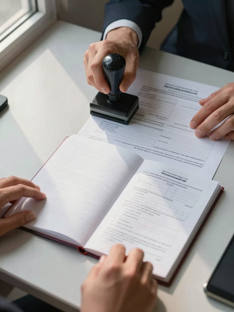 Documentary overhead shot of a visa processing desk — passport open to a blank page, stamping tool mid-press, government form with fields filled in legible ink, natural window light from the left casting a soft shadow across the paperwork, hands of an officer visible