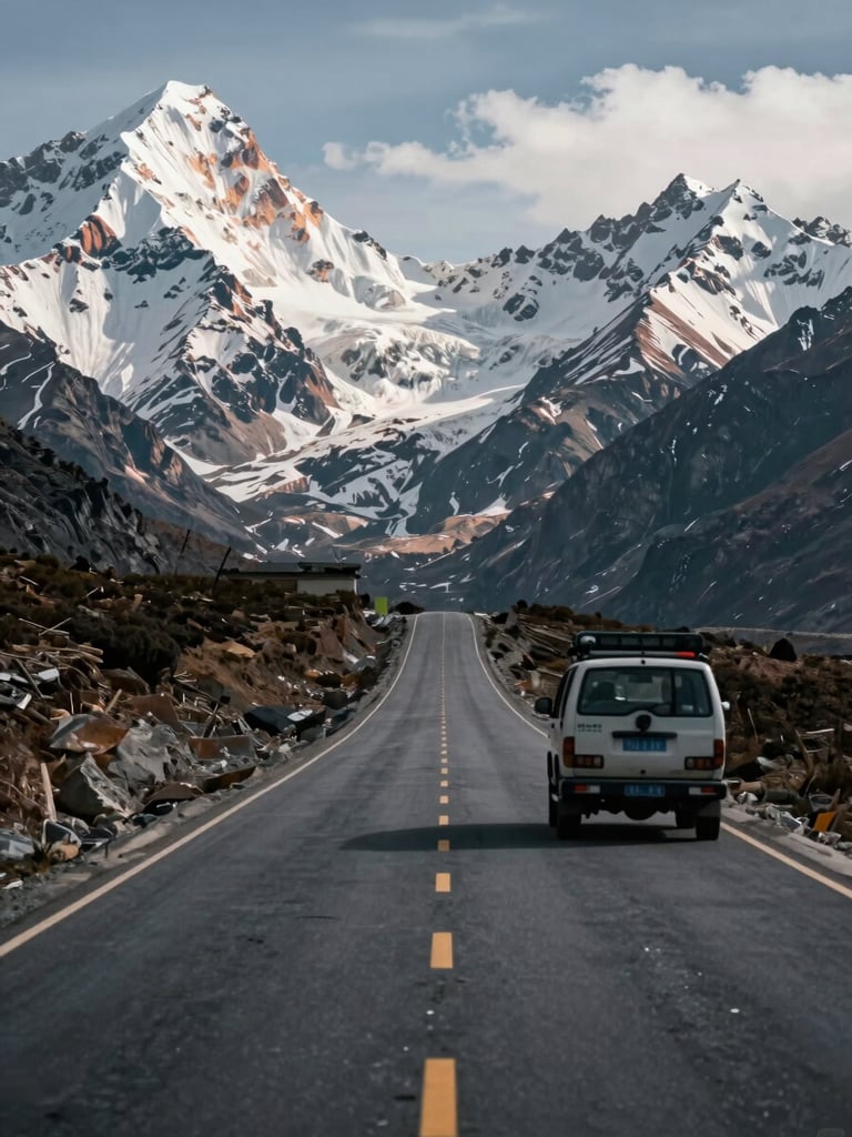 Wide panoramic Himalayan mountain road stretching into the distance, a loaded travel vehicle moving through the frame in the right third, steep snow-dusted peaks flanking both sides, late-morning natural light, dramatic depth of field showing the full road corridor