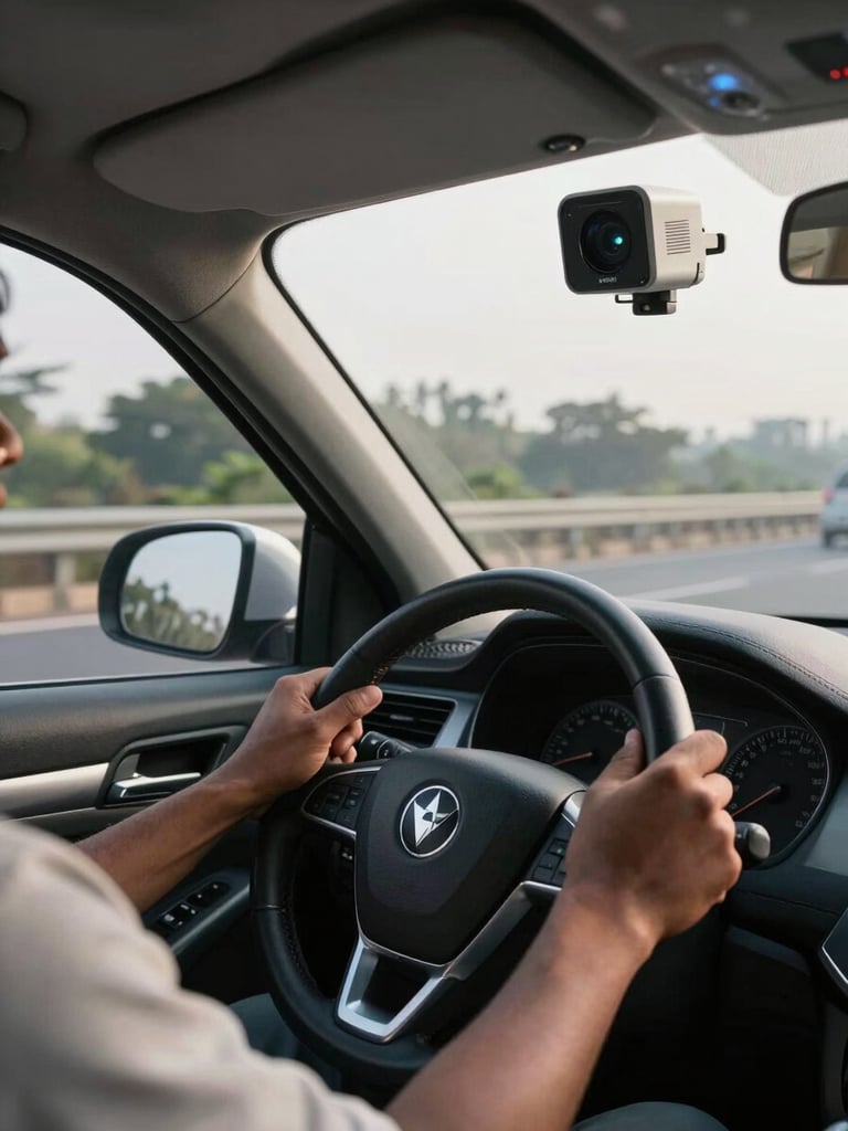 Close documentary shot of a driver's hands on the steering wheel of a corporate cab, ADAS camera unit mounted on the windshield visible in frame, Delhi expressway road ahead at early morning, natural daylight from the windshield