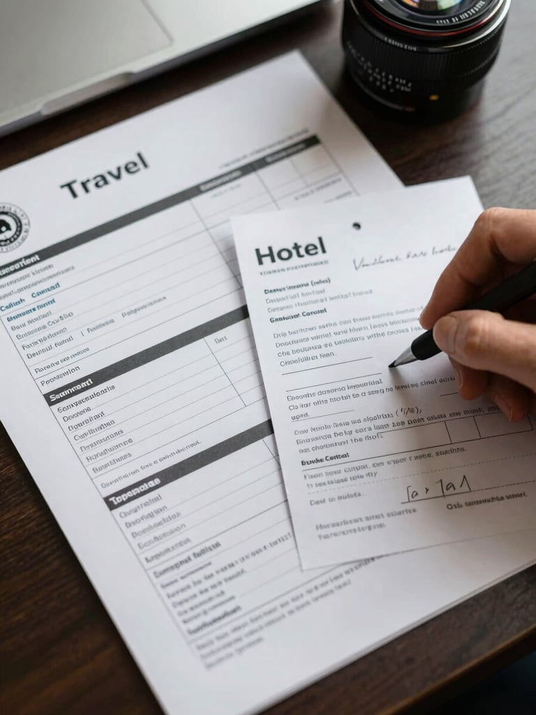 Close overhead shot of a printed travel itinerary document on a desk, a hand placing a hotel confirmation printout beside it, office lighting, paperwork in process, documentary framing
