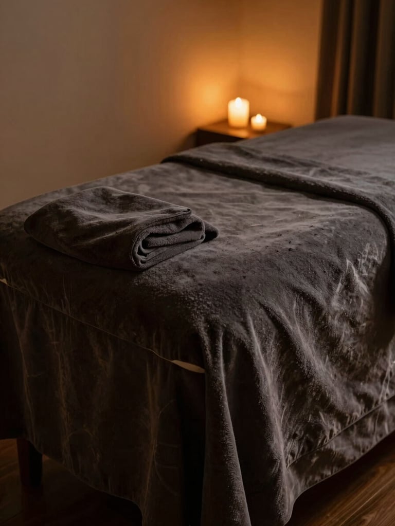 Portrait shot of a serene luxury treatment suite, plush massage table with charcoal linens, warm amber candlelit glow, soft shadows, warm editorial photography, 35mm