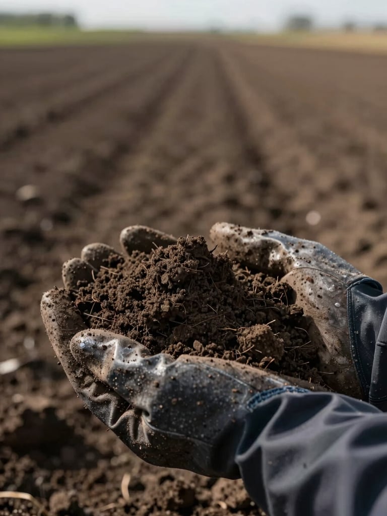 Close-up of rich, dark glacial till soil being held in gloved hands, agricultural field stretching into the soft-focus background.