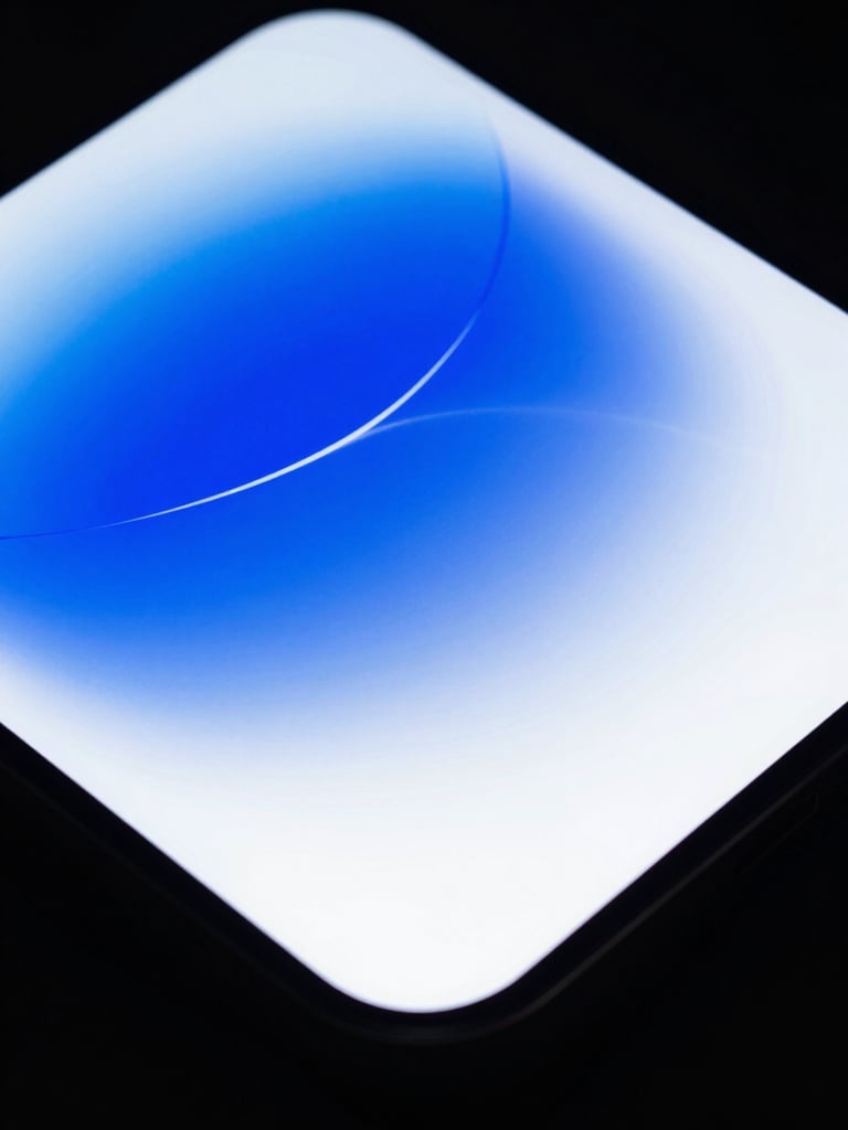 Minimalist technology photography, close-up of a premium device screen displaying elegant layouts, high contrast shadows with electric blue highlights, 35mm