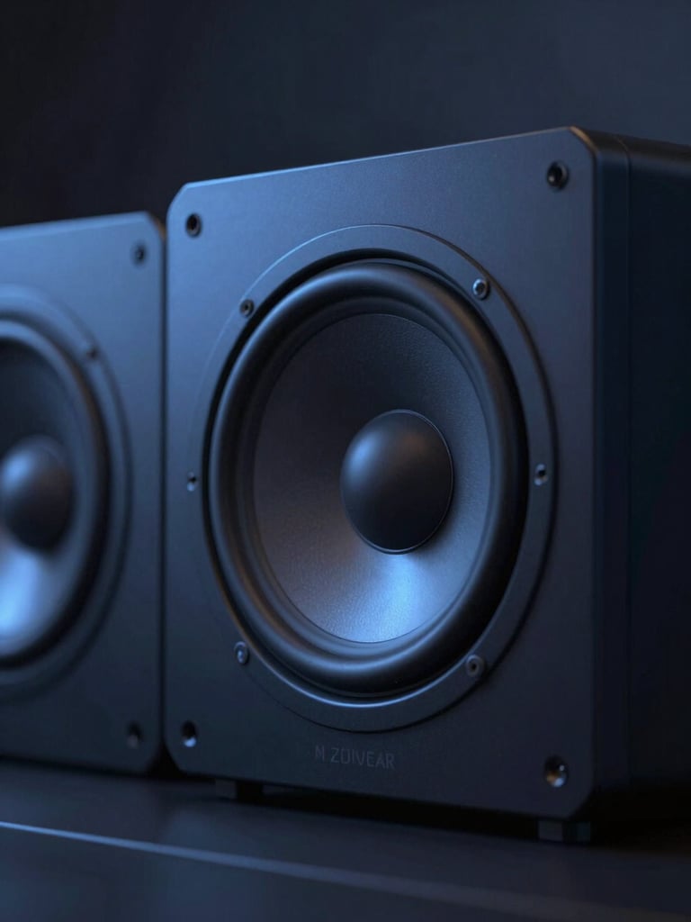 Macro close-up of premium audio gear in a low-light studio with subtle electric-blue ambient backlighting.