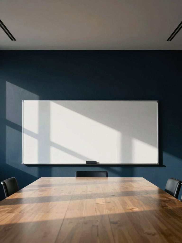 Wide-angle view of a modern, minimalist boardroom with architectural lines, a large empty whiteboard, and sharp shadows from morning daylight. No people.