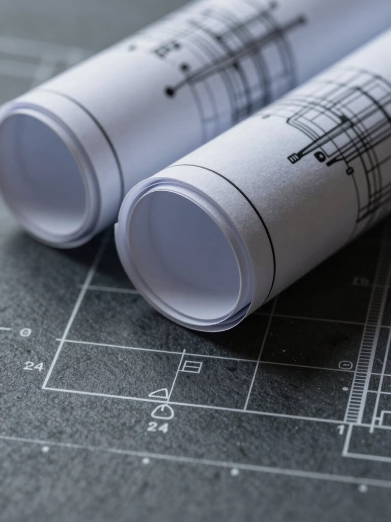 Macro close-up of high-contrast architectural blueprints, sharp technical lines, cool slate tones, precise drafting elements