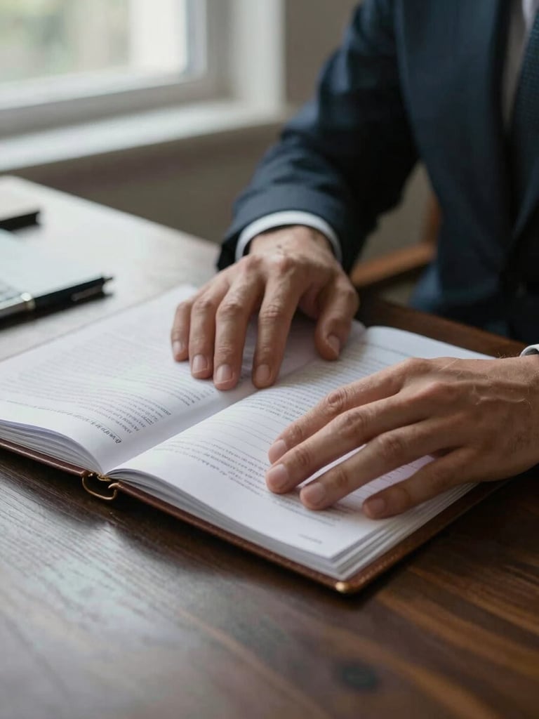 Close-up environmental shot of a client's hands resting on an open leather-bound document folder on a dark wood desk, cool diffused window light from the left, a pen and printed financial summary partially visible at the edge, shallow depth of field, no faces