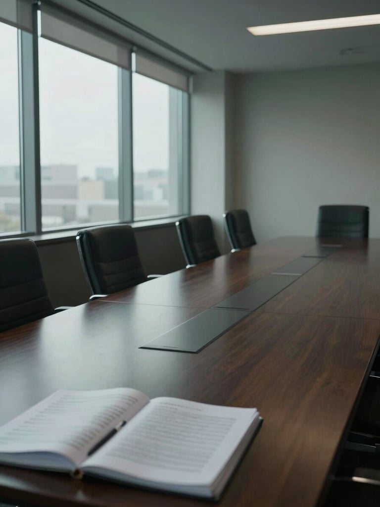 Wide environmental shot of a quiet corporate boardroom interior, long dark-wood conference table occupying the right two-thirds of frame, empty leather chairs, tall windows casting cool north-facing daylight across the table surface, a stack of documents and an open notebook visible in the foreground, no people, muted tones