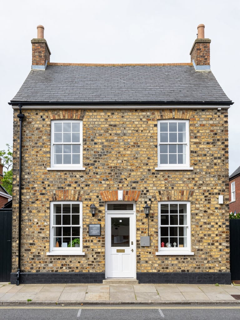 A bright, clean exterior of a traditional Devon brick home under soft overcast daylight, sharp focus, 35mm lens