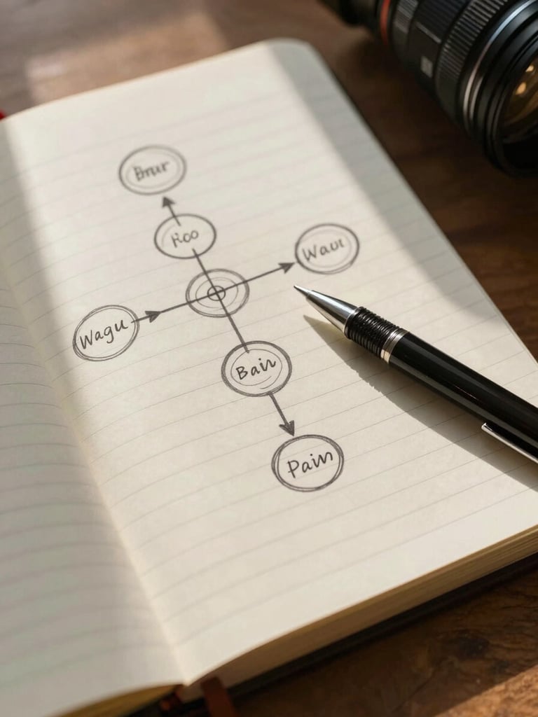 Overhead close-up of a notebook open to a hand-drawn strategic framework, pen resting on the page, warm window light casting soft shadows across the ruled paper surface