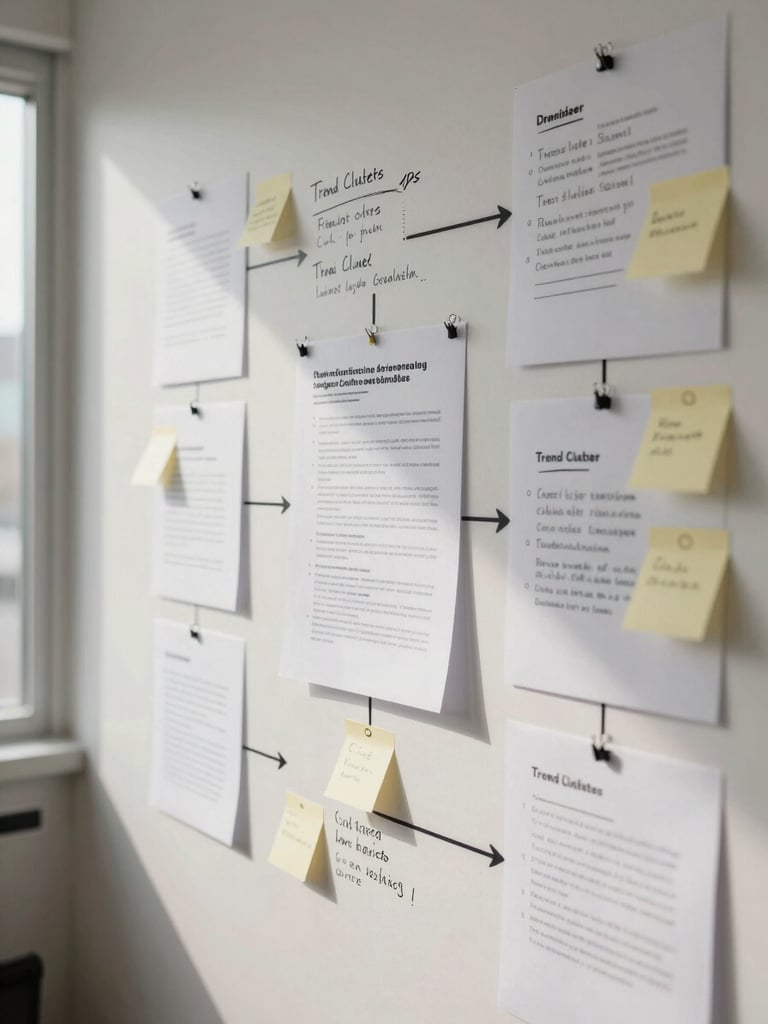 Wide shot of a strategy wall with printed trend clusters, handwritten connector lines and post-it annotations, soft natural light from the left, a marked-up brief pinned at the center