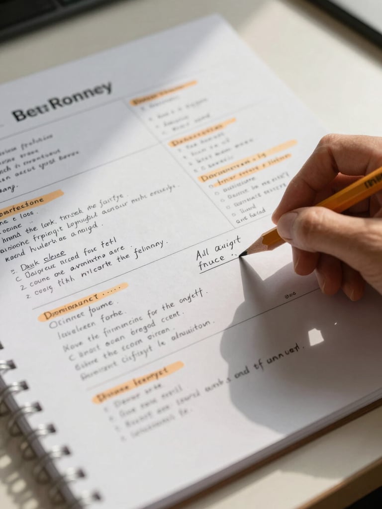 Close-up overhead view of a strategy brief on a cream desk, handwritten annotations and amber-highlighted passages filling the margins, a pencil resting mid-notation, natural daylight raking across the paper surface