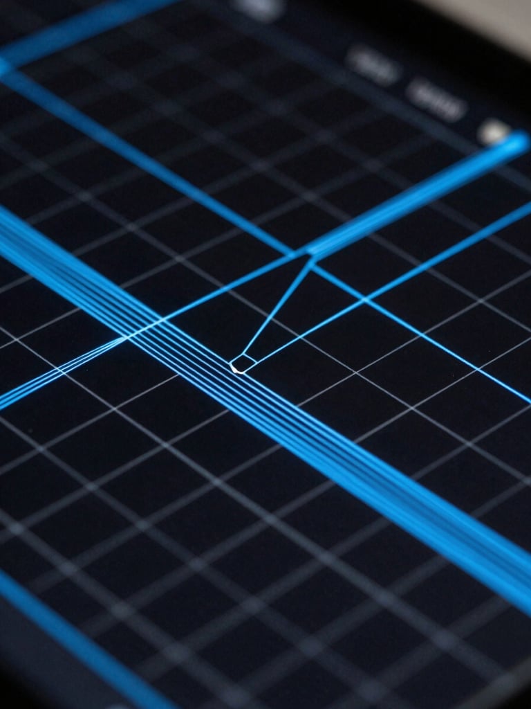 Macro shot of a high-contrast digital interface displaying vector paths, blue glowing wireframes, and sharp technical grids, 50mm lens