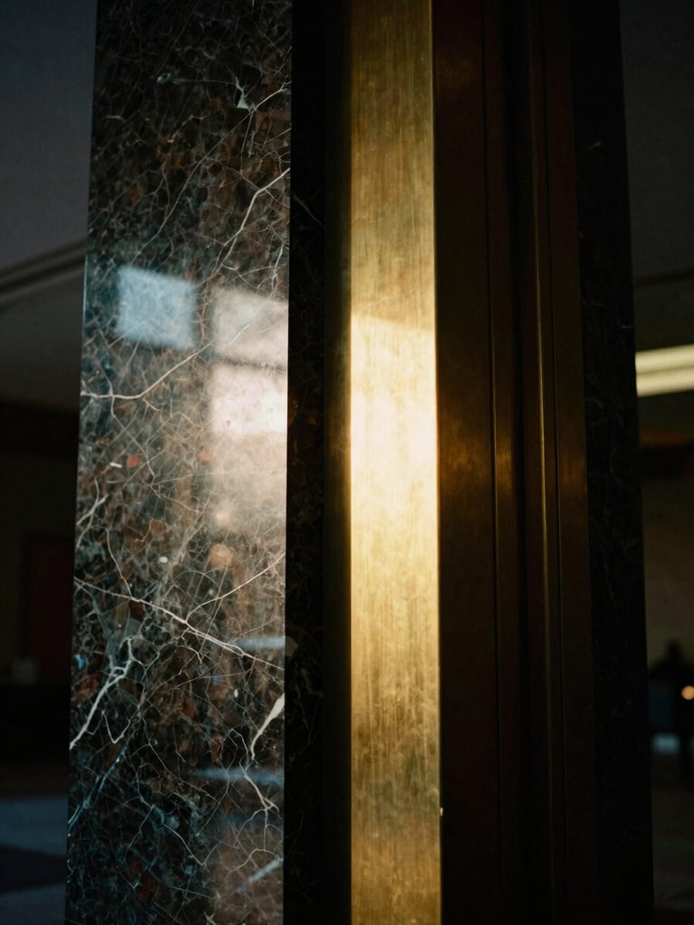 Extreme close-up of premium dark marble and brushed brass architectural elements in a modern institutional lobby, dramatic low-key lighting, 35mm film aesthetic.