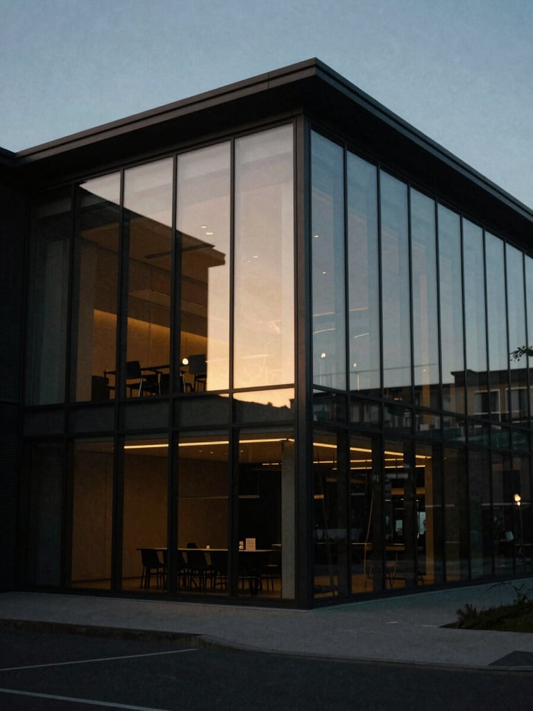 A moody twilight architectural perspective of a modern office pavilion, glass facades reflecting soft interior golden light, dark obsidian tones.