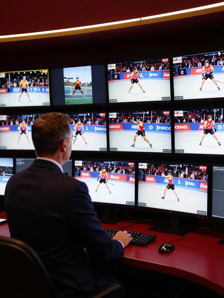 An official sports adjudicator in a dark blazer reviewing physical evidence and video reels on high-definition monitors in a dimly lit, sophisticated Sydney office.