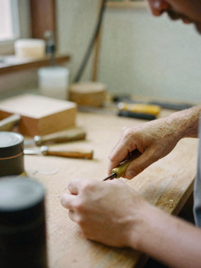 Close-up of hands working with tools in an Italian artisan workshop, warm natural daylight, soft focus, authentic environment.