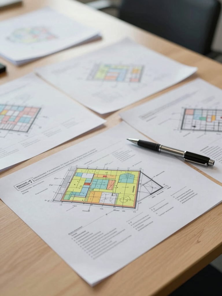 Overhead close-up of a municipal planning workshop table — printed project documents, a pen, and a highlighted report spread across a light-wood surface under even north-facing window light, no people visible, documentary framing