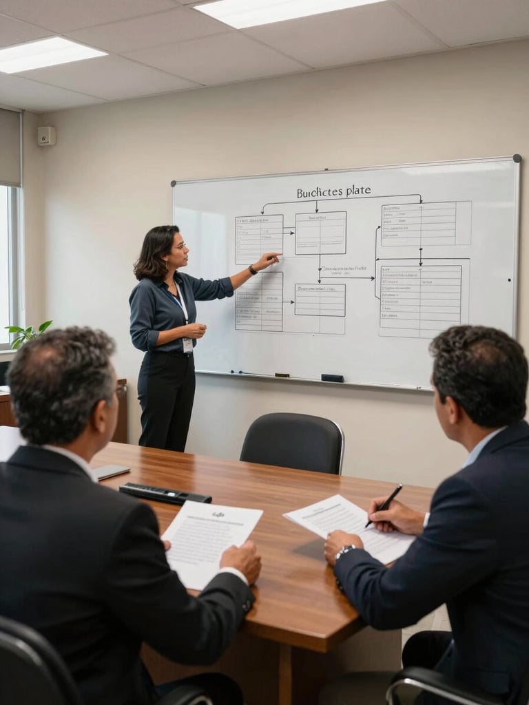 Wide-angle view of a Brazilian municipal meeting room, natural north-facing light, a facilitator standing at a whiteboard covered in structured planning diagrams, two public administrators seated at the table reviewing printed documents, institutional setting with formal furniture