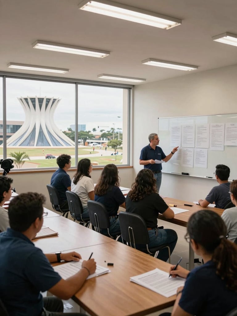 Wide documentary shot of a municipal training workshop in a government conference room, facilitator at a whiteboard with printed planning materials on tables, participants reviewing documents under even fluorescent and natural light from tall windows, Brasília civic architecture visible through glass