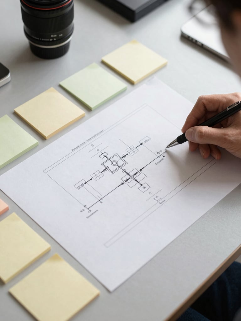 Close overhead shot of a printed process diagram and sticky notes arranged on a light gray desk under bright studio daylight, a hand resting at the edge with a pen, documentation in clear focus