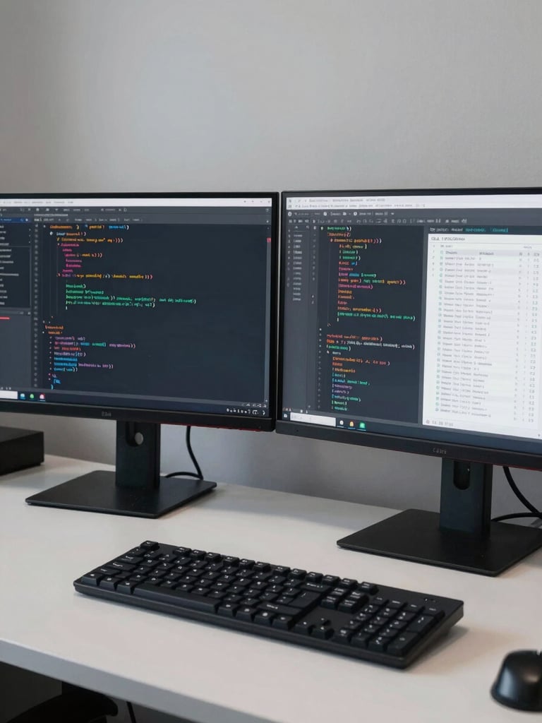 Wide shot of two monitors on a clean desk showing code and data tables side by side under bright even office daylight, keyboard in sharp foreground, neutral gray walls behind