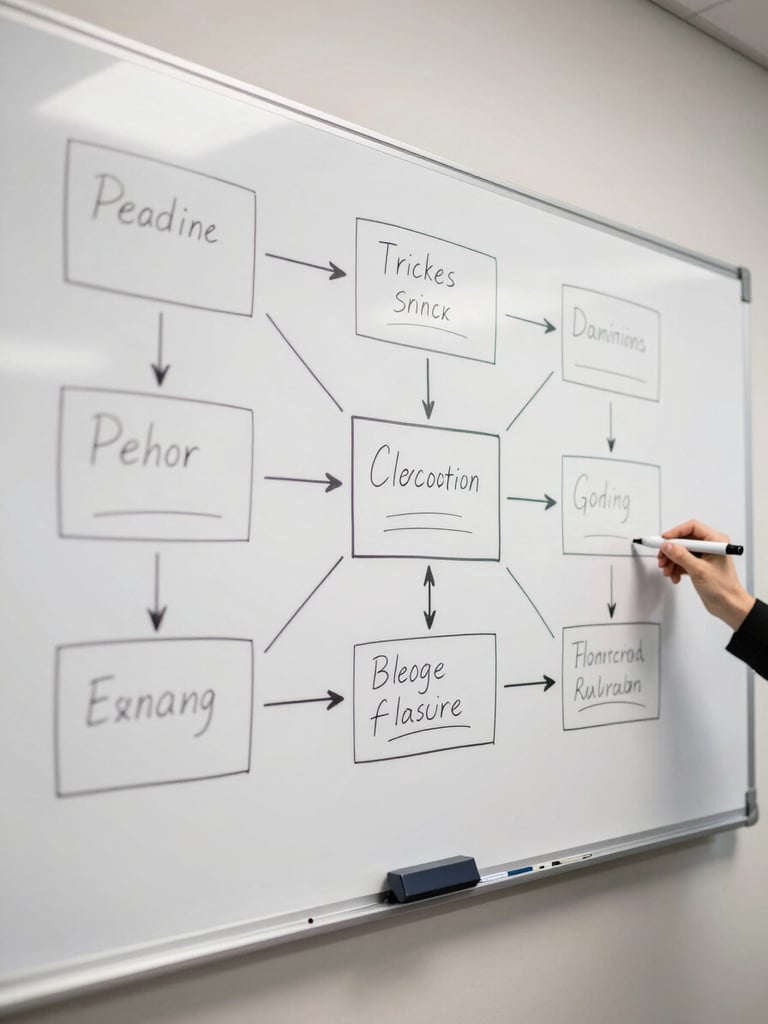 Wide overhead shot of a whiteboard mid-session covered in process diagrams and marker annotations, a hand holding a marker resting at the edge, bright even studio daylight, no shadows, clean architectural framing