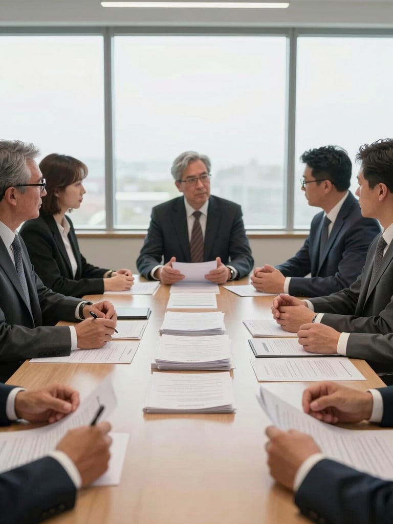Wide shot of a handover meeting around a conference table, printed handoff documentation stacked in the center, participants gesturing at the documents, bright even daylight from large windows, captured at natural human scale