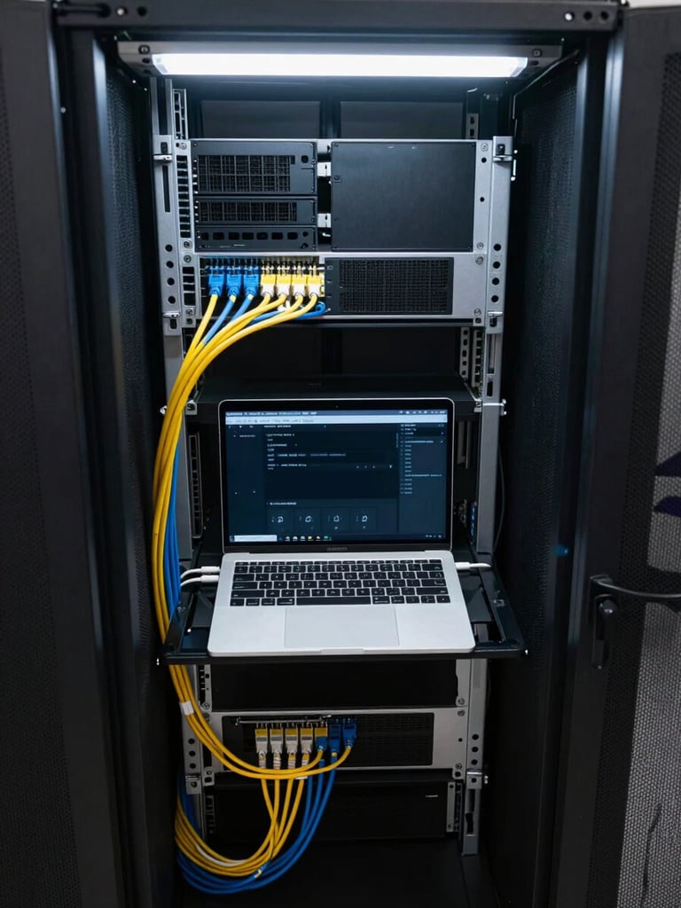 Overhead view of a laptop connected to an external server rack in a small server room, ethernet cables neatly routed, bright fluorescent overhead lighting, no people, technical environment at real scale