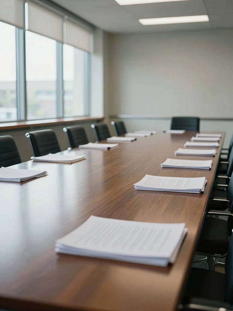 Wide environmental shot of an empty conference room, long mahogany table reflecting north-facing window light, no people, stack of closed documents at one end, cool daylight filling the frame from the left, ordered and still